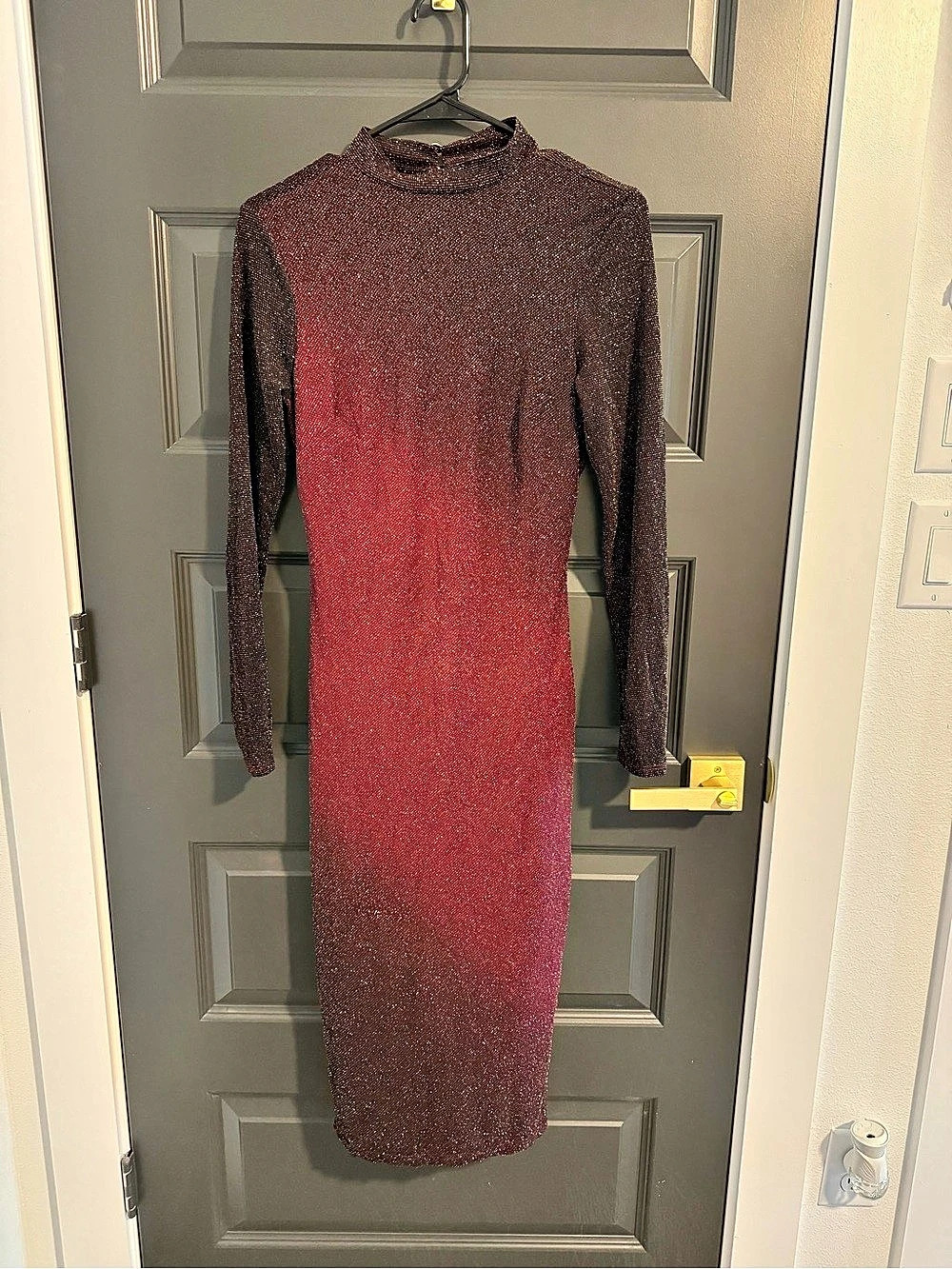 Long Sleeve Metallic Maxi Dress in Burgundy & Black Like New